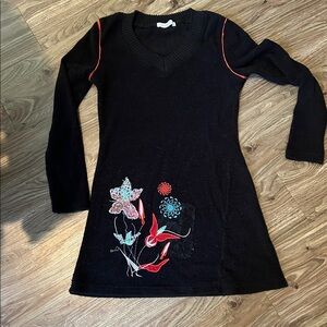 Aziza Black Long Sleeve Dress with Floral Embroidery